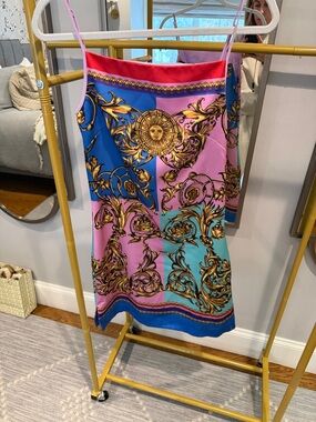 Versace couture Baroque-Print Mini Slip Skirt in Pink, Blue & Turquoise